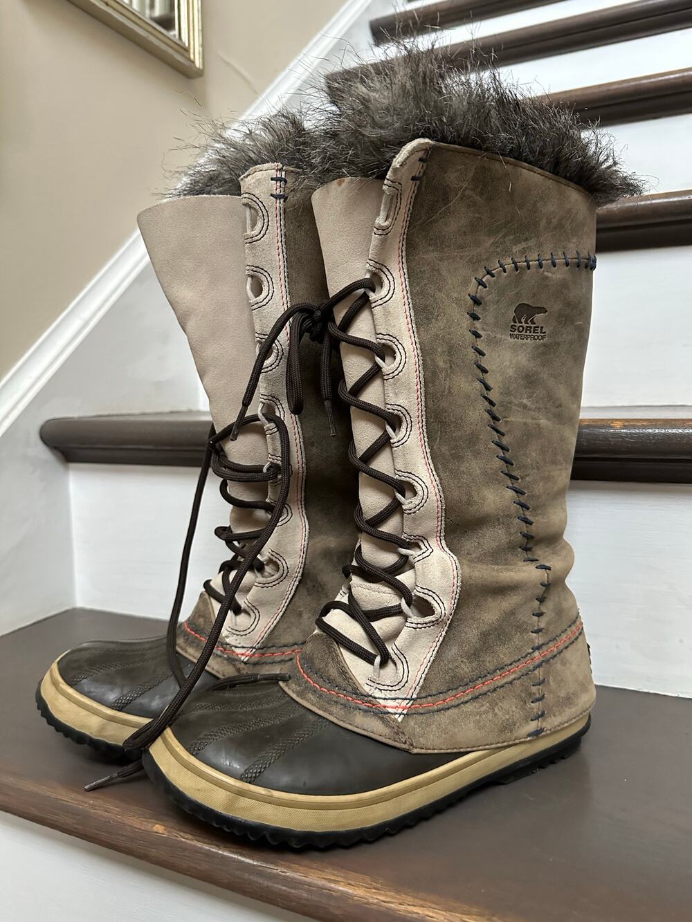 Sorel Cate The Great Tall Winter Boots Women's Size 7 Taupe leather faux fur